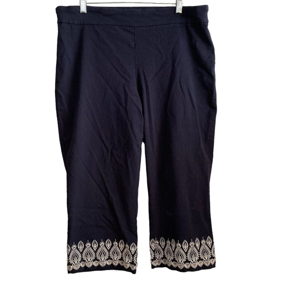 Briggs Dress Pants Women's 16 Navy White Embroidered Hem Plus Size